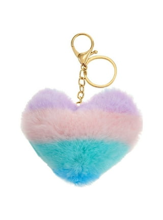 Colored Pom Pom Keychain Bulk Heart Fluffy Fur Puff Ball Key for