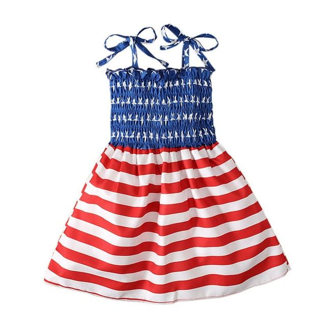 vdgthytj Robe d'Été pour Bébé Fille 4 Juillet Étoiles Rayées Bretelles Nouées Robe de Fête d'Été