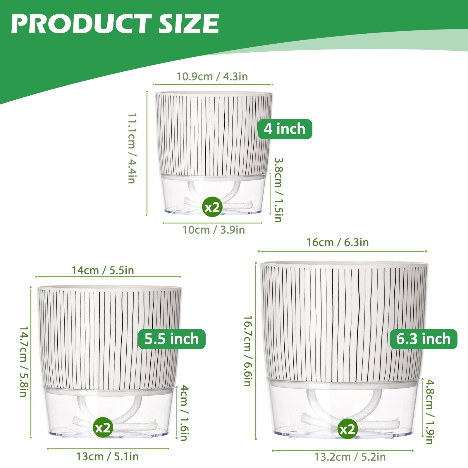 Samhe 6 Pack Self Watering Pots for Indoor Plants, 4" 5.5" 6.3" Plastic Self Watering Planter with Drainage Holes and Saucers