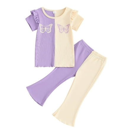 

WUDATI Teen Boy Girl Outfit Halloween Chistmas Toddler Girls Boys Winter Toddler Baby Girl Summer Clothes Solid Color Short Sleeve Ribbed T Shirt Top Flare Pants 2Pcs Outfit