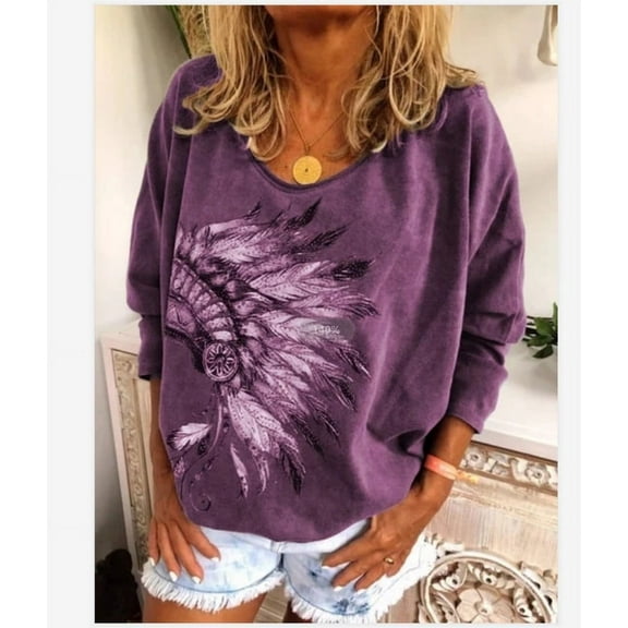 kayannuo Womens Tops Long Sleeve Shirts Fall Women Fashion O-neck Pullover Casual Loose Printed Long Sleeve Tops Blouse Purple