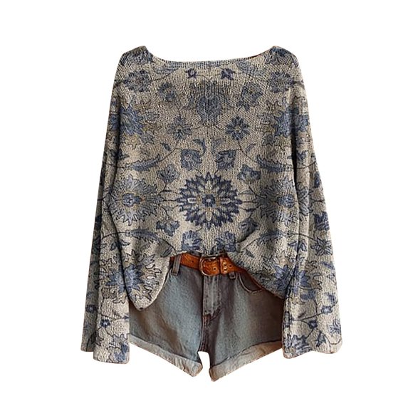 Fall/Winter Saving! HVOBTTY Women's Pullover Tshirt, Women's Winter Bohemian Printed Long Sleeved Round Neck Oversized Pullover Top Dark Gray, M