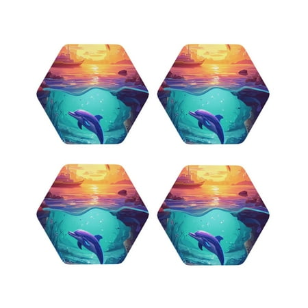 

Tideii Hawaiian Island Dolphin for Leather Coasters 4 Pieces Anti-fouling and Anti-scalding Decorative Coasters Suitable for Restaurants Kitchens Coffee Shops-Hexagon