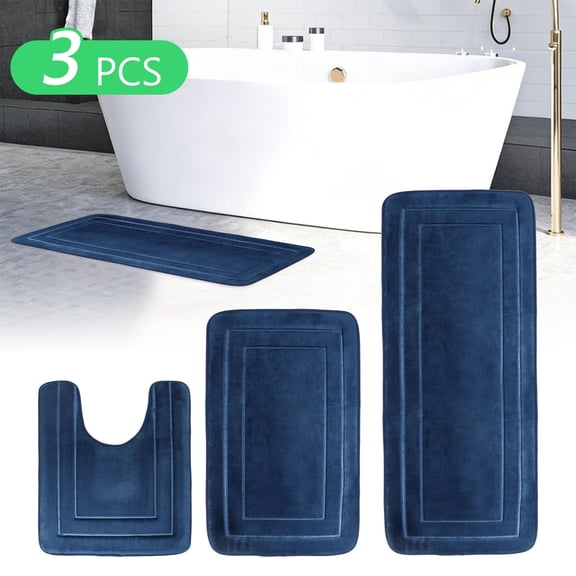 Tripumer 3 Pcs Large Memory Foam Bath Mat Set Bathroom Rugs Set U Shape Mats for Bath Floor Navy Blue