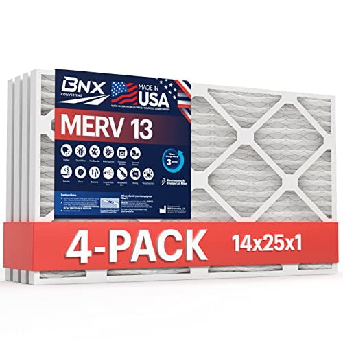 BNX 14x25x1 MERV 13 AC Furnace Air Filter 4 Pack - MADE IN USA - Electrostatic Pleated Air Conditioner HVAC AC Furnace Filters - Removes Pollen, Mold, Bacteria, Smoke