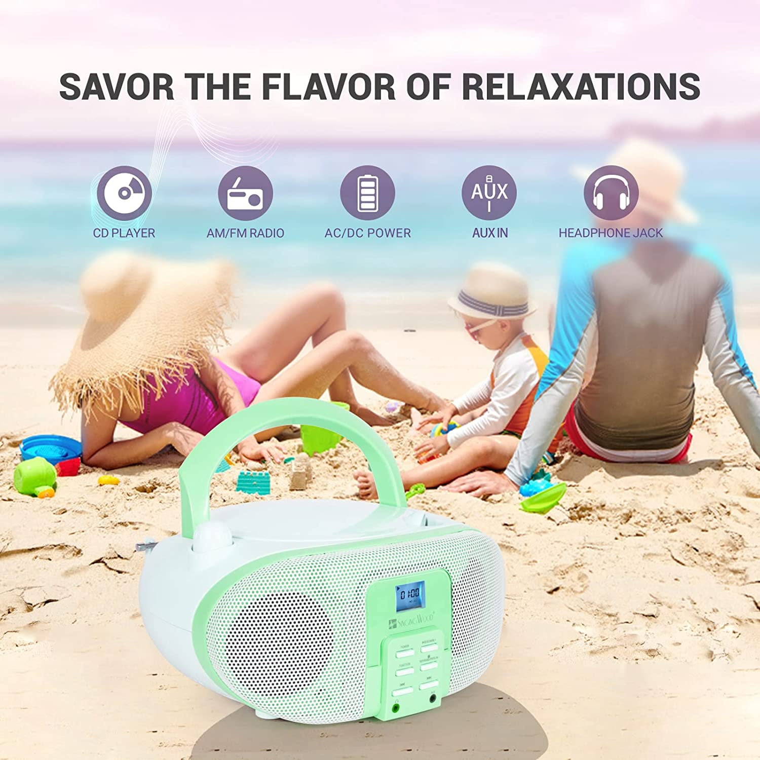 SingingWood GC01 Macarons Series Portable CD Player Boombox with AM FM Stereo Radio Kids CD Player LCD Display, Front Aux-in Port Headphone Jack, Supported AC or Battery Powered -Pistachio