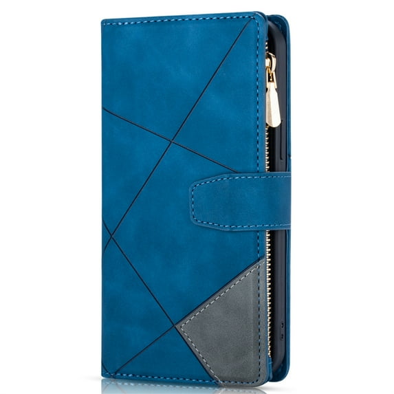 ELEHOLD Multi-Functional Leather Wallet Case for Google Pixel 7 Pro,Large Capacity 9 Card Slots Zipper Pocket Kickstand Magnetic Clasp Lanyard Shockproof Flip Case,Blue