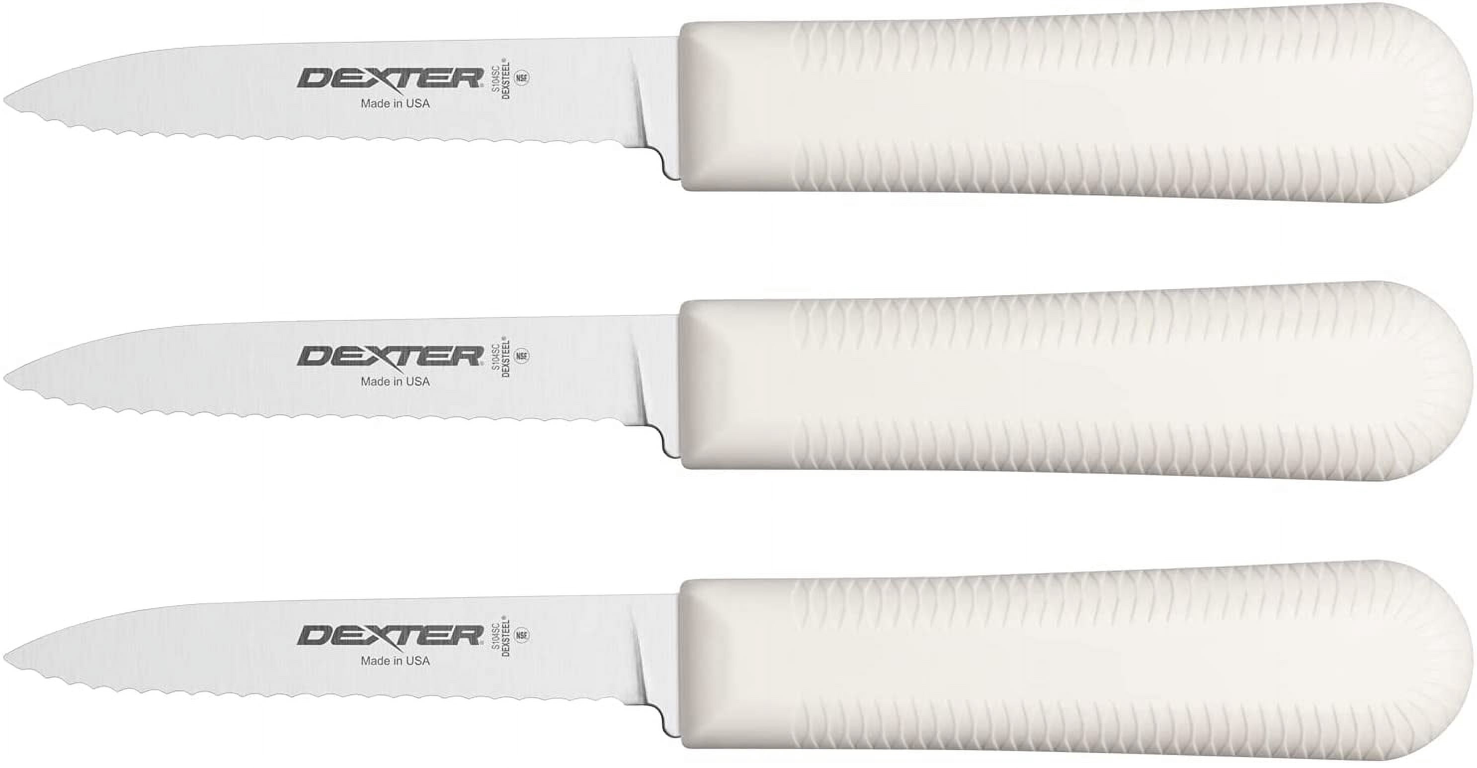 Dexter-Russell S104SC Paring Knives, 3-1/4" Scalloped Stainless Steel Blades, Textured Slip-Resistant Polypropylene Handles, Made in USA, 3-Pack