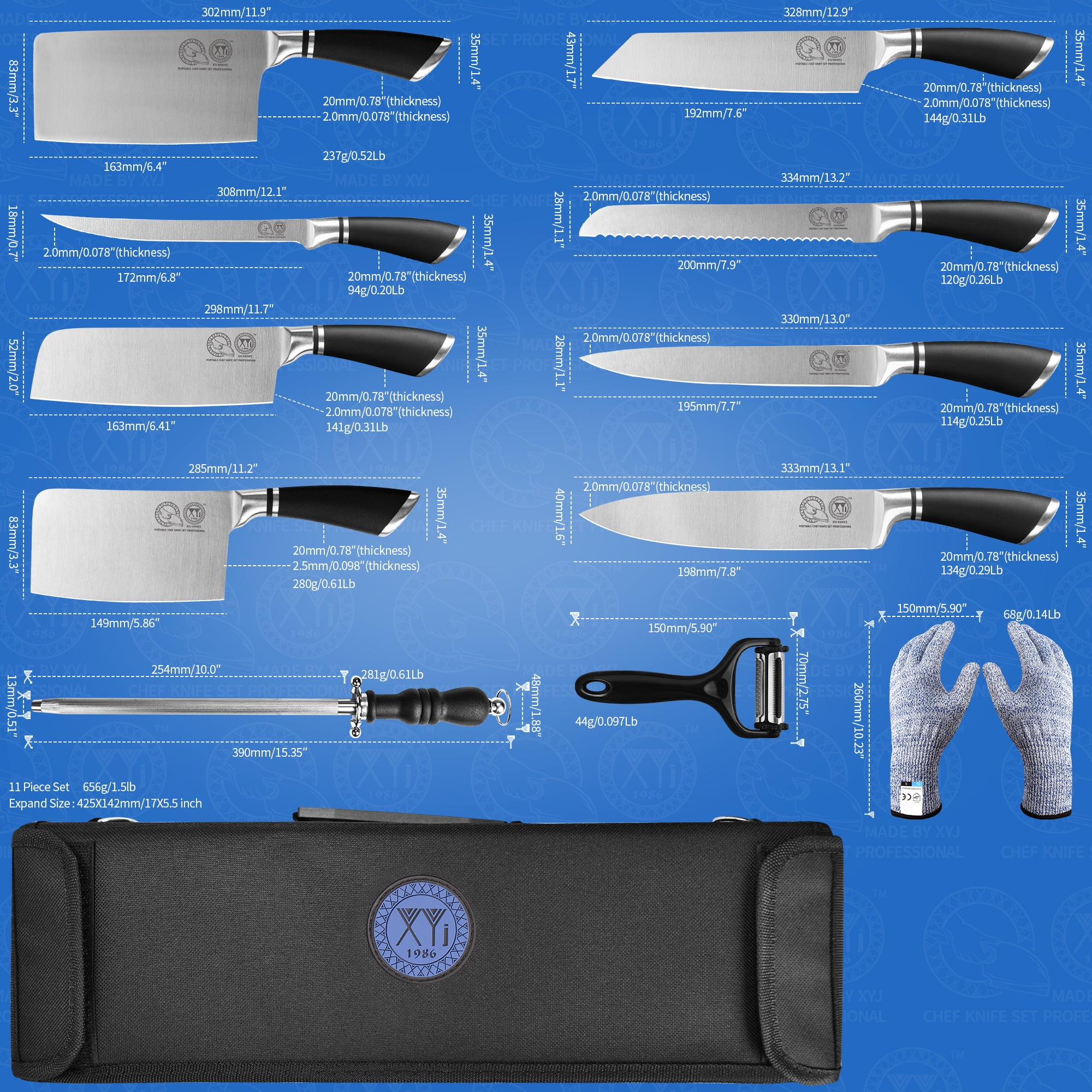 XYJ Stainless Steel 8-pc Chef Knife Set with Bag, Sheath