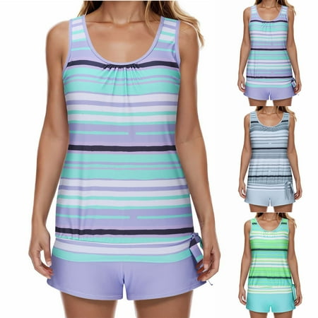 UPPADA Womens Two Piece Tankini Set Stripe Loose Fit Padded Bathing Suits Tummy Control Modest Two Piece Bathing Suits High Waisted Swimsuit Sets Sports Bra Bathing Suit Top Purple 2xl