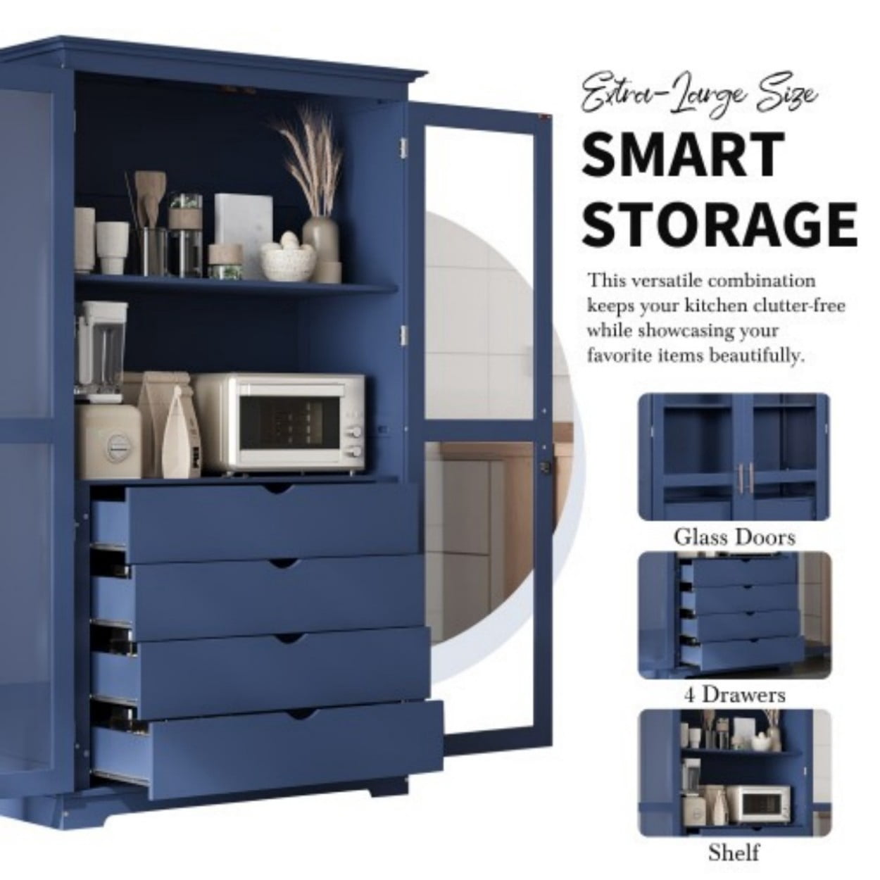 75" Kitchen Pantry Cabinet with Glass Doors, 4 Drawers & Storage Shelf, Large Freestanding Pine Wood Cabinet Organizer for Kitchen Dining Room Living Room Home Office, Blue