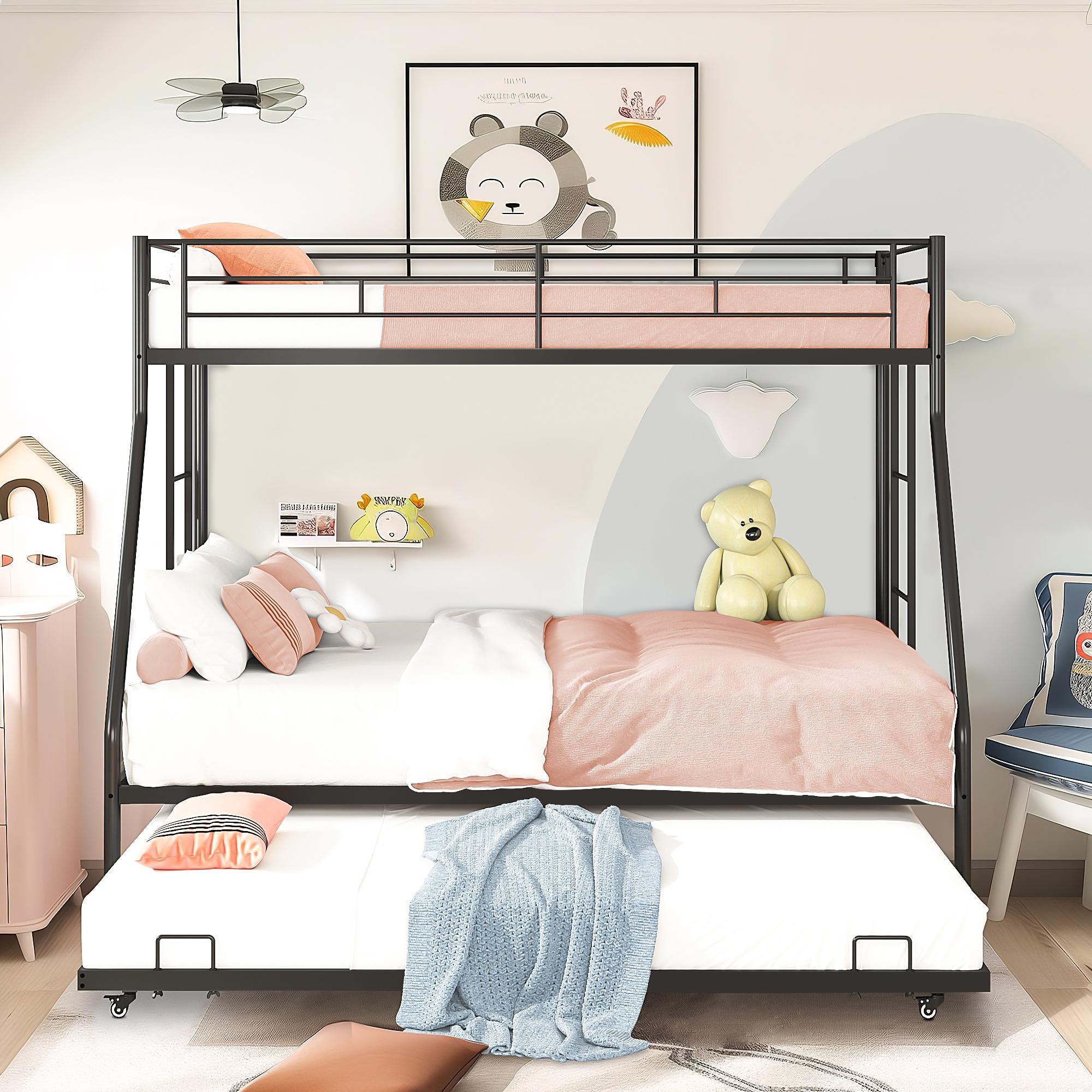 Metal Twin Over Full Bunk Beds with Trundle Bed, UHOMEPRO Twin Over Full Bunk Beds for Kids Adults Teens, Dorm Room Bunkbed with Trundle, 2 Ladders, CPC Certification, No Box Spring Needed, Black
