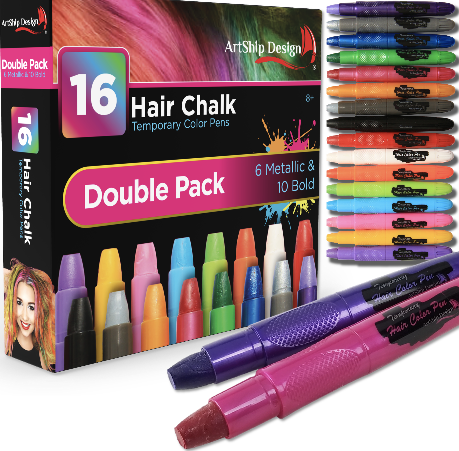 Hair Chalk 16 Color Double Pack with 6 Glitter Colors Temporary Hair Color  Pens 