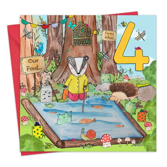 Twizler 4th Birthday Card for Boys & Girls - Animal Forest School - Age 4 Year Old Childrens Happy Birthday Card for Kids
