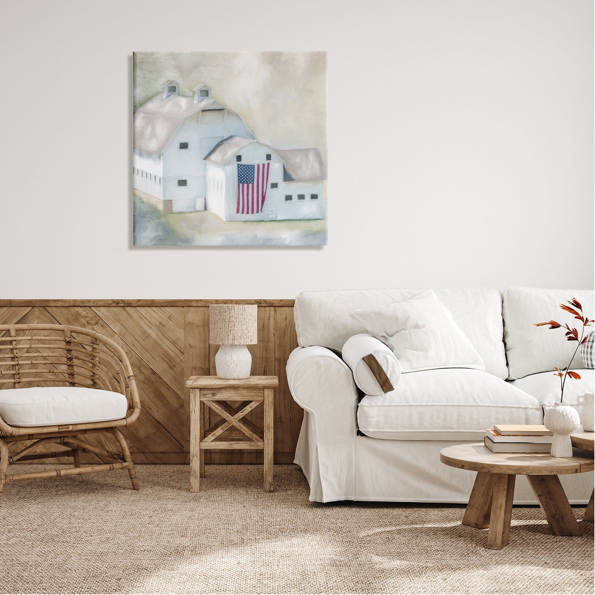 Stupell Industries American Flag White Farmhouse Barn Rural Countryside , 30 x 30, Design by Kim Allen