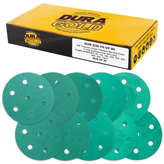 Dura-Gold Premium 3.5" (90mm) Green Film Sanding Discs, 7-Hole Pattern, 50 Disc Variety Pack, Grits 60, 80, 120, 180, 220, 320, 400, 600, 800, 1000 - Heavy-Duty Hook & Loop Sandpaper
