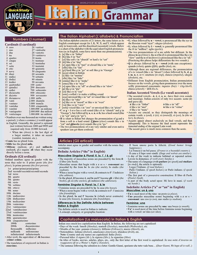 Italian Grammar : A Quickstudy Laminated Language Reference Guide ...