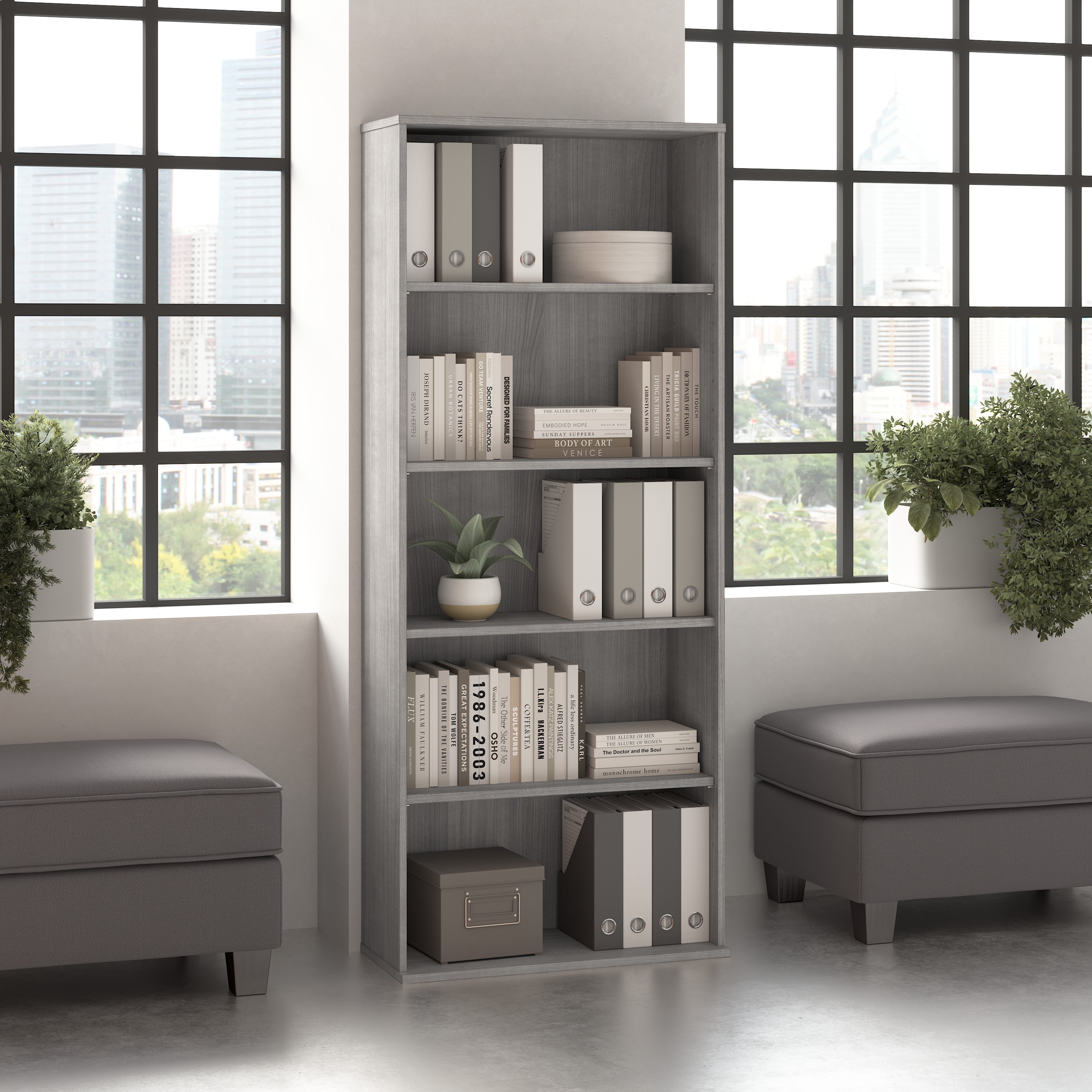 Bush Business Furniture Hustle Tall 5 Shelf Bookcase in Platinum Gray