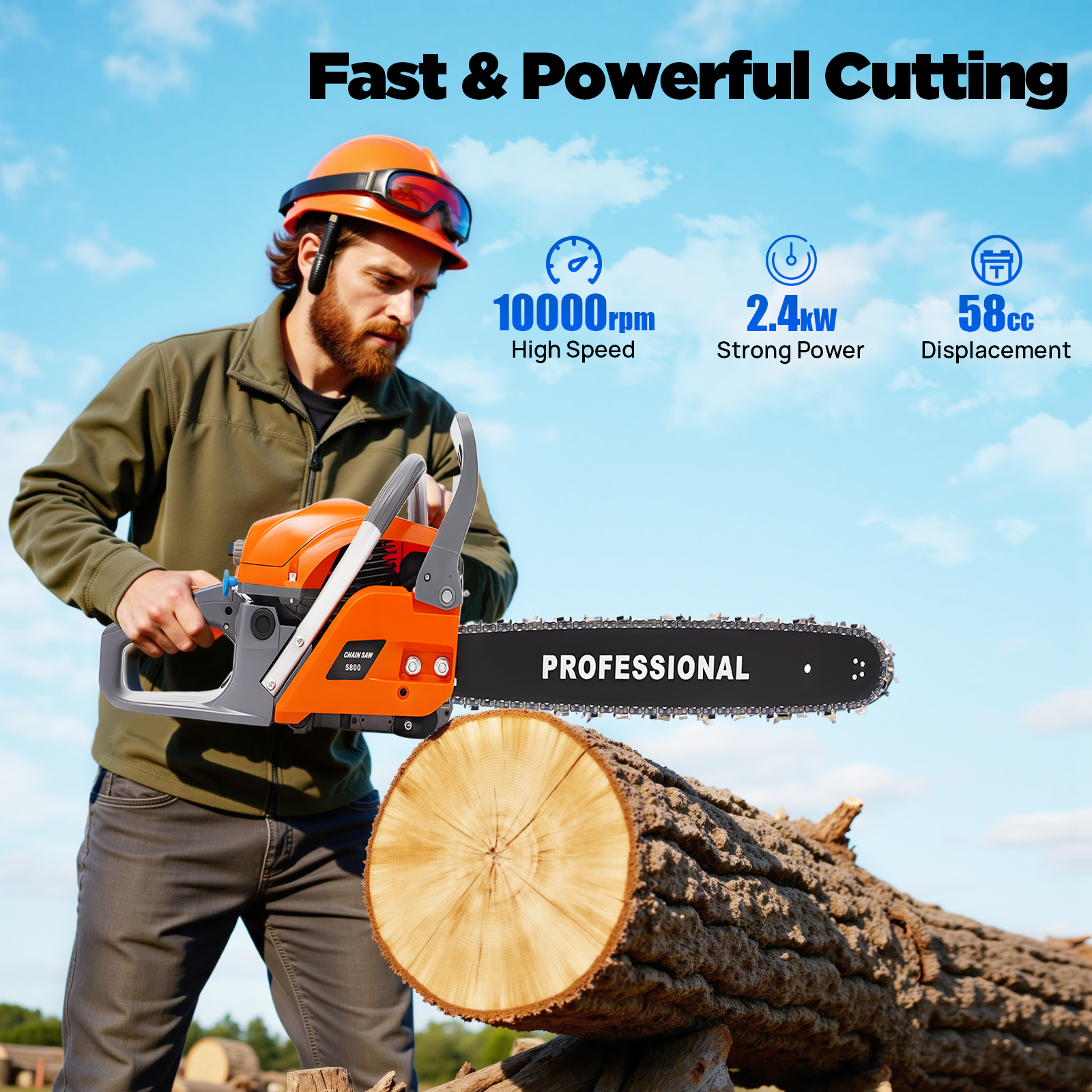 22 Inch Gas Powered Chain Saw, 2.4KW 52CC Gasoline Chainsaws with Bar Cover, 2-Cycle Power Chain Saw for Wood Cutting and Tree Pruning