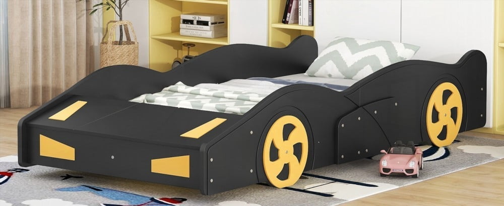 Black+Yellow Twin Size Race Car-Shaped Platform Bed Having Wheels & Storage