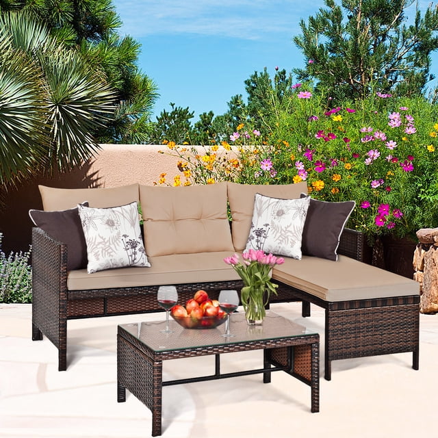 Costway 3PCS Patio Wicker Rattan Sofa Set Outdoor Sectional Conversation Set Garden Lawn