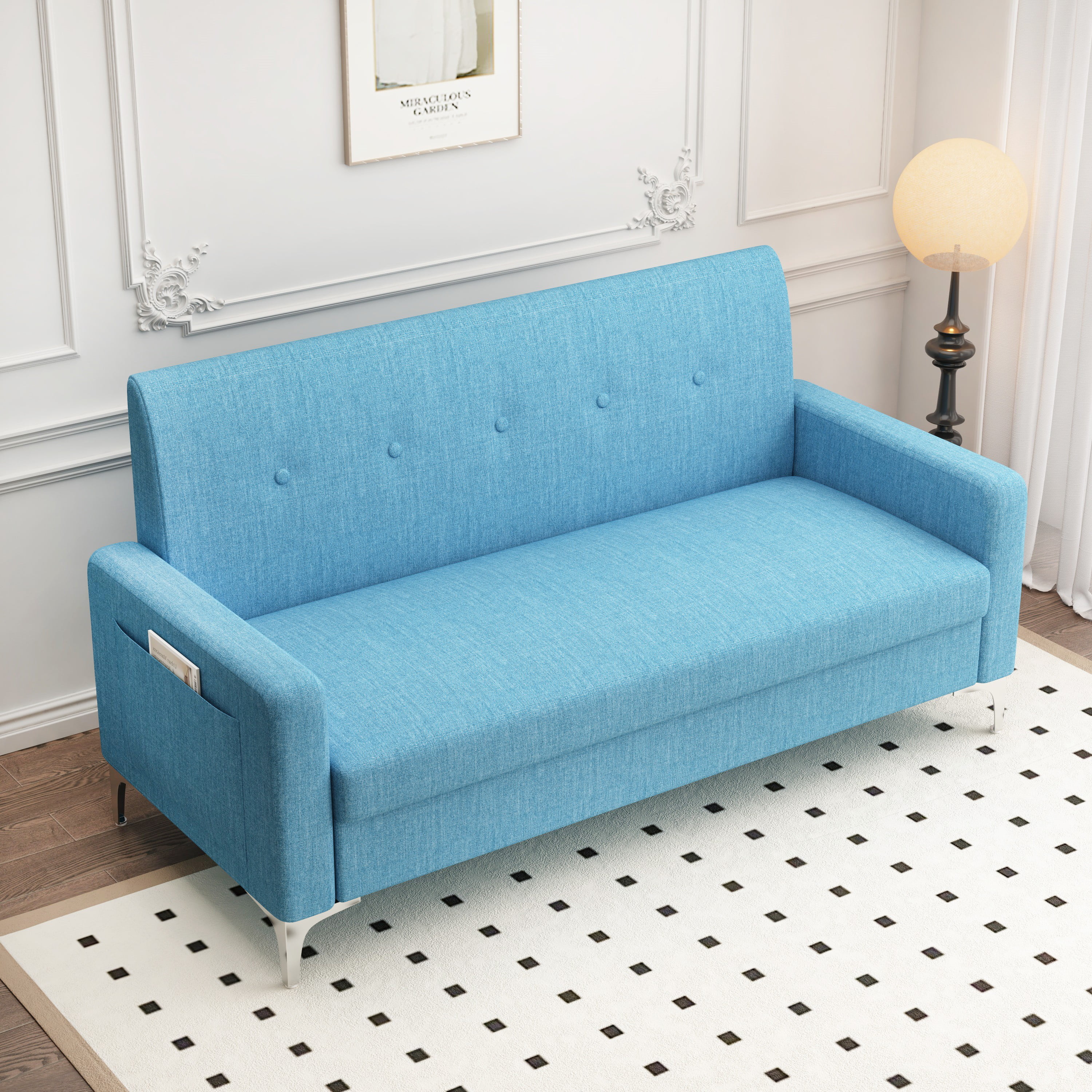 57" Multi-functional Storage Loveseat Sofa,Upholstered 2 Seat Sofa with Side Pockets for Living Room, Bedroom, Office, Small Space,Blue