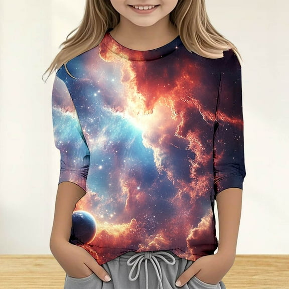 SNKSDGM Girls White Shirt Girls Size 8 Girls Shirts Size 12-14 Trendy Cute Girls' Seve Quarter Sleeved Star Print T Shirt Top Comfortable with Casual Shirt 8-9 Years