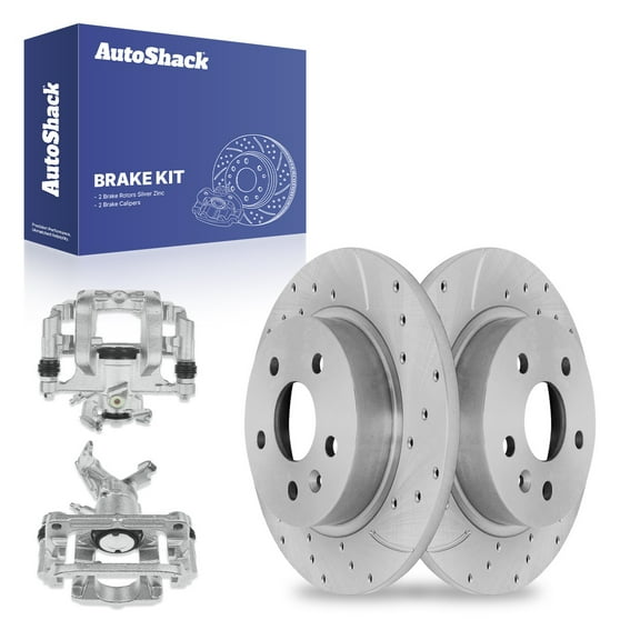 AutoShack Rear Drilled & Slotted Brake Rotors Calipers | Replacement for 2014-2015 Chevrolet Cruze 2.0L FWD | Silver Zinc Coated | 4-PC Brake Kit | SilverShield Pro