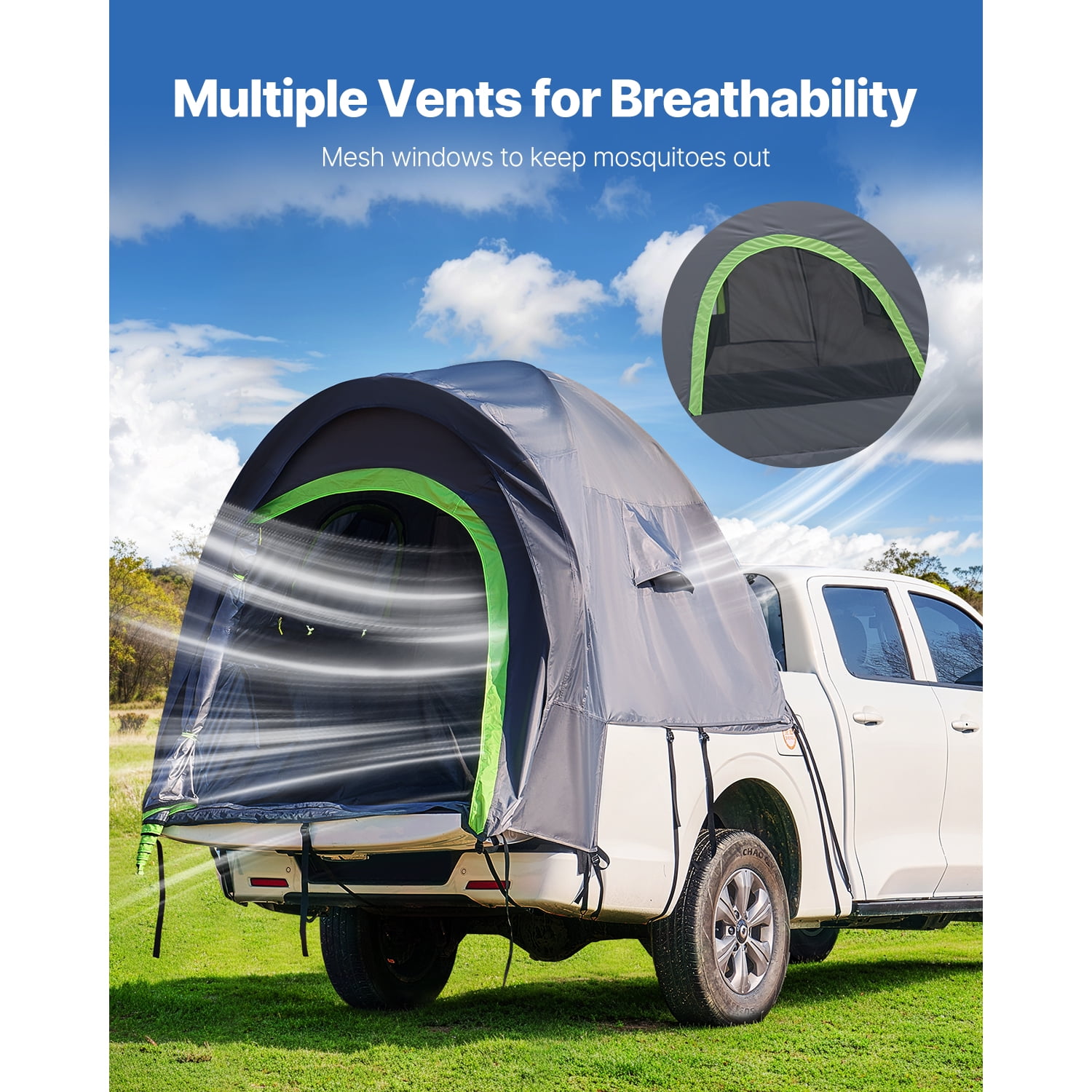 KFFKFF Camping Tent for Pickup Truck, Suitable for 5.5-6.0 ft Trucks, PU2000mm Waterproof 2-3 Person Truck Bed Tent with Dual Layer Window Design, Robust Truck Camper Shell Including Storage Bag
