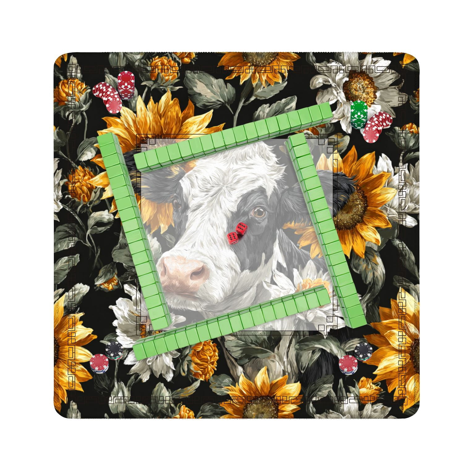 Mahjong Mat 31.5" x 31.5" Black White Cow Print Sunflowers seamless Non-Slip Noise Reduction American Mahjong Tiles Table Cover for Dominoes Poker Card Board Games Gift
