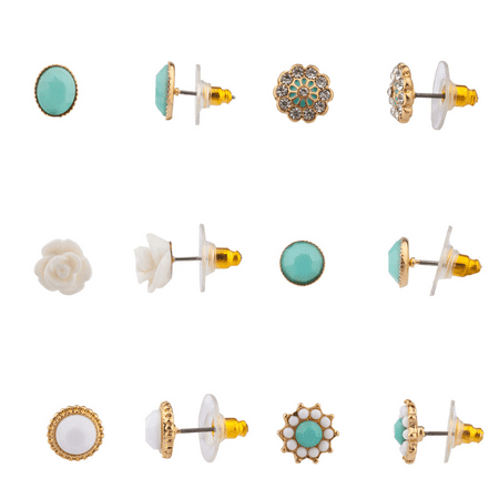 - Lux Accessories Turquoise Pave Crystal Rose Flower Sun Multiple Stud Earring Set