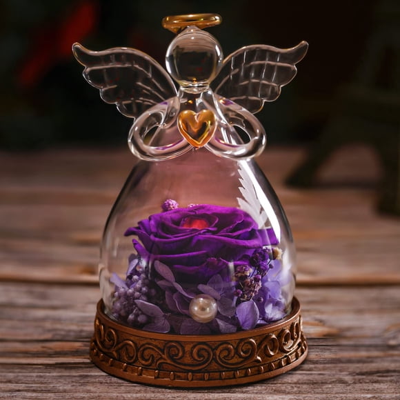 Figura de ángel Aastin con luz LED de rosa preservada de color morado