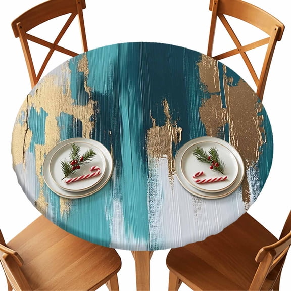 Round Tablecloth Turquoise Gold Brush Elastic Edge Fitted Abstract Modern Art Plastic Table Cover,Waterproof Oil Proof for Dinner,Outdoor, Picnic, 36" - 44" DIA Tables