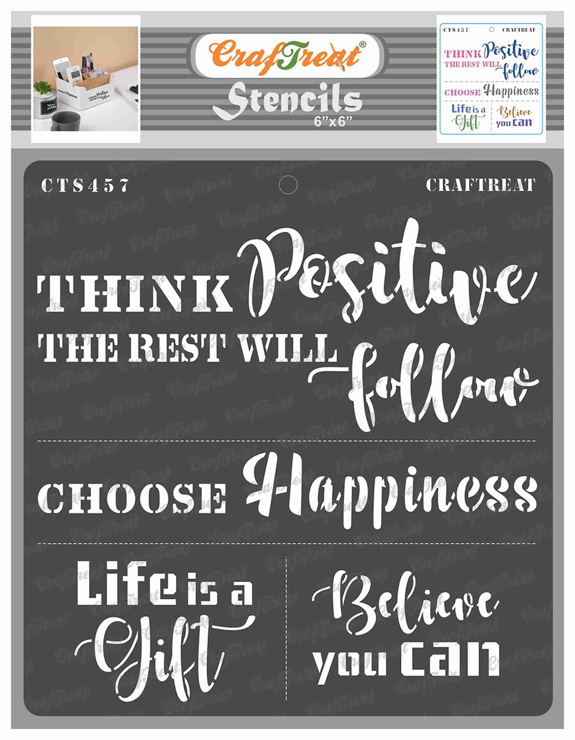 CrafTreat Think Positive Stencil for Painting and Crafting 6"x6