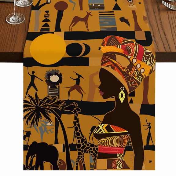 Black African Women Table Runner 72 Inches Long,Boho Brown Elephant Giraffe Ethnic Cotton Linen Table Runners Dresser Scarves,Decorative Tabletop Scarf Furniture Cover for Home Dinner Party 13"x72"