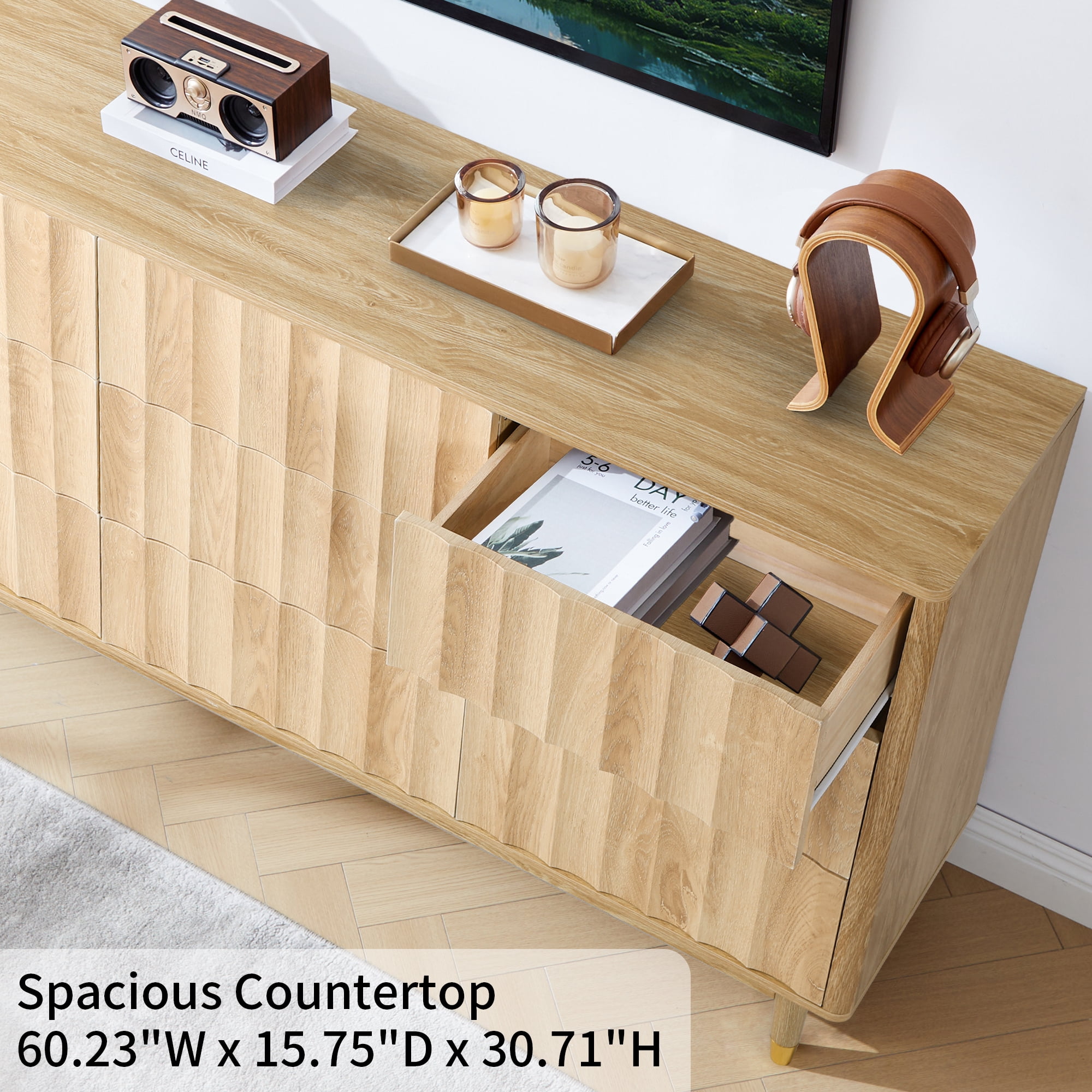 LEFHDA Fluted 9-Drawer Dresser for Bedroom with Deep Drawers, 60" Wide Mid Century Modern Chest of Drawers, Wooden Dresser TV Stand for Living Room, Hallway, Closet (Oak)