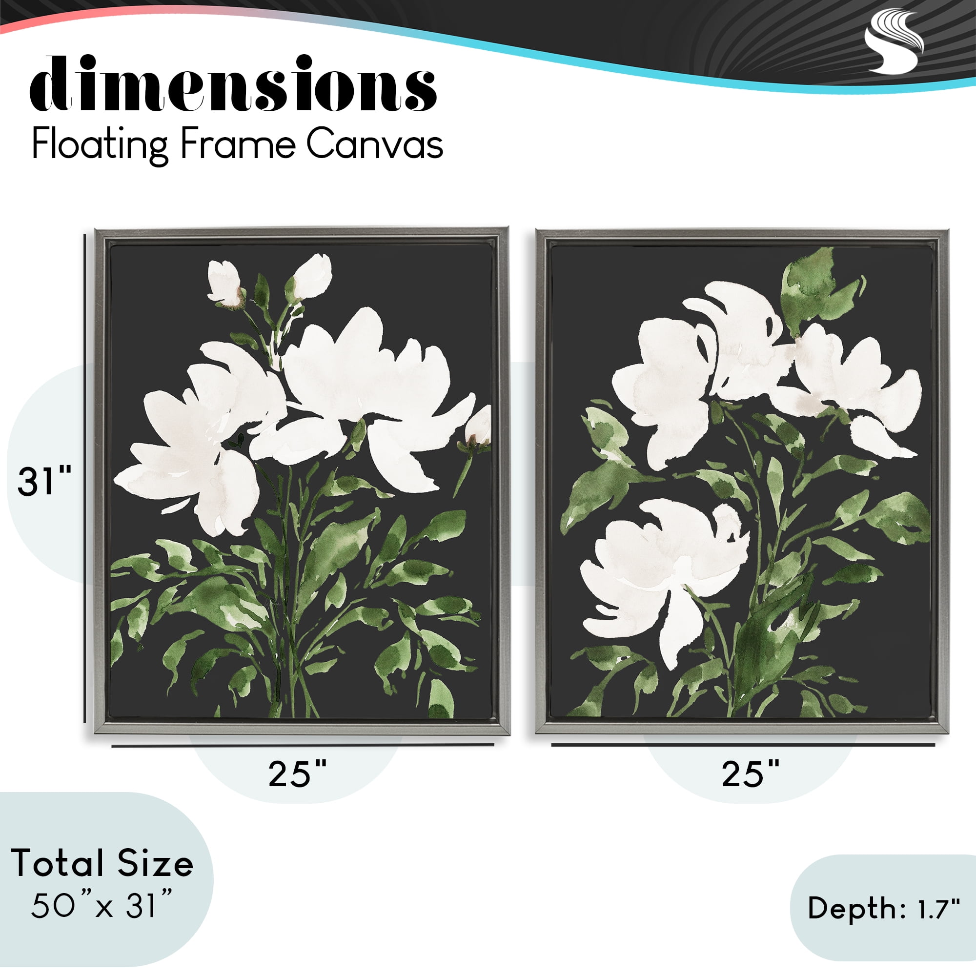 Stupell Industries White On Black Blooms 2 Piece Gray Framed Floater Canvas Set, design by Lucille Price