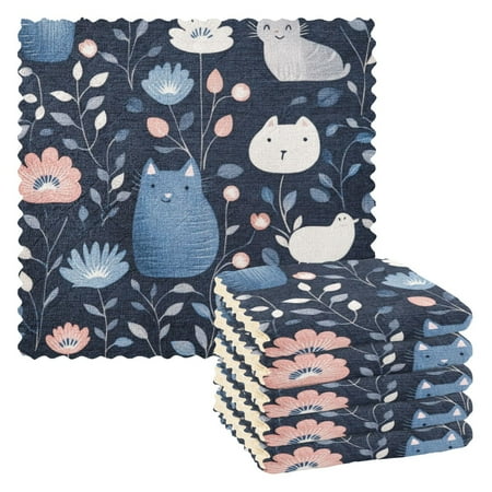 

6 Pieces of Kitchen Towels 11x11Inch Kitchen Dish Cloths Kitchen Dish Towels Reuseable Cleaning Cloths Blue Flowers and Cats