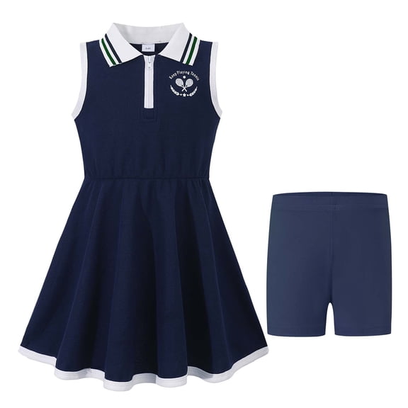Kucnuzki 6T Little Girls Summer Dress 7T Child Girl Athletic Dresses with Bottoms Ping Pong Print A-line Sundress 2pcs Clothing Blue