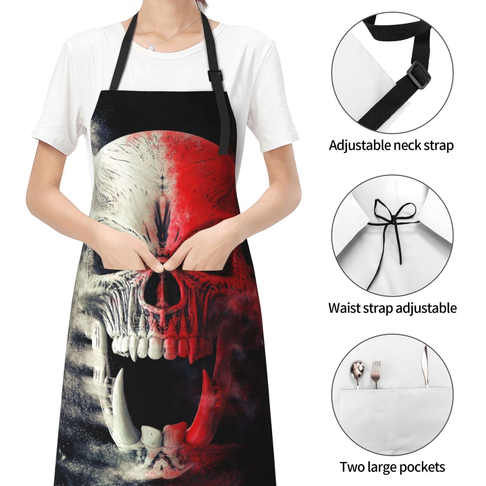 Vsdgher Red And White Screaming Demon Skull Waterproof Apron with 2 Pockets Kitchen Chef Aprons Bibs for Grooming Cooking Baking Painting Gardening