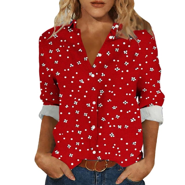 Camisas de cuello de la tripulación de manga corta para las mujeres impresas de la blusa de la apariencia del lino con el cuello girado hacia abajo botón mangas de manguito Top de verano casual