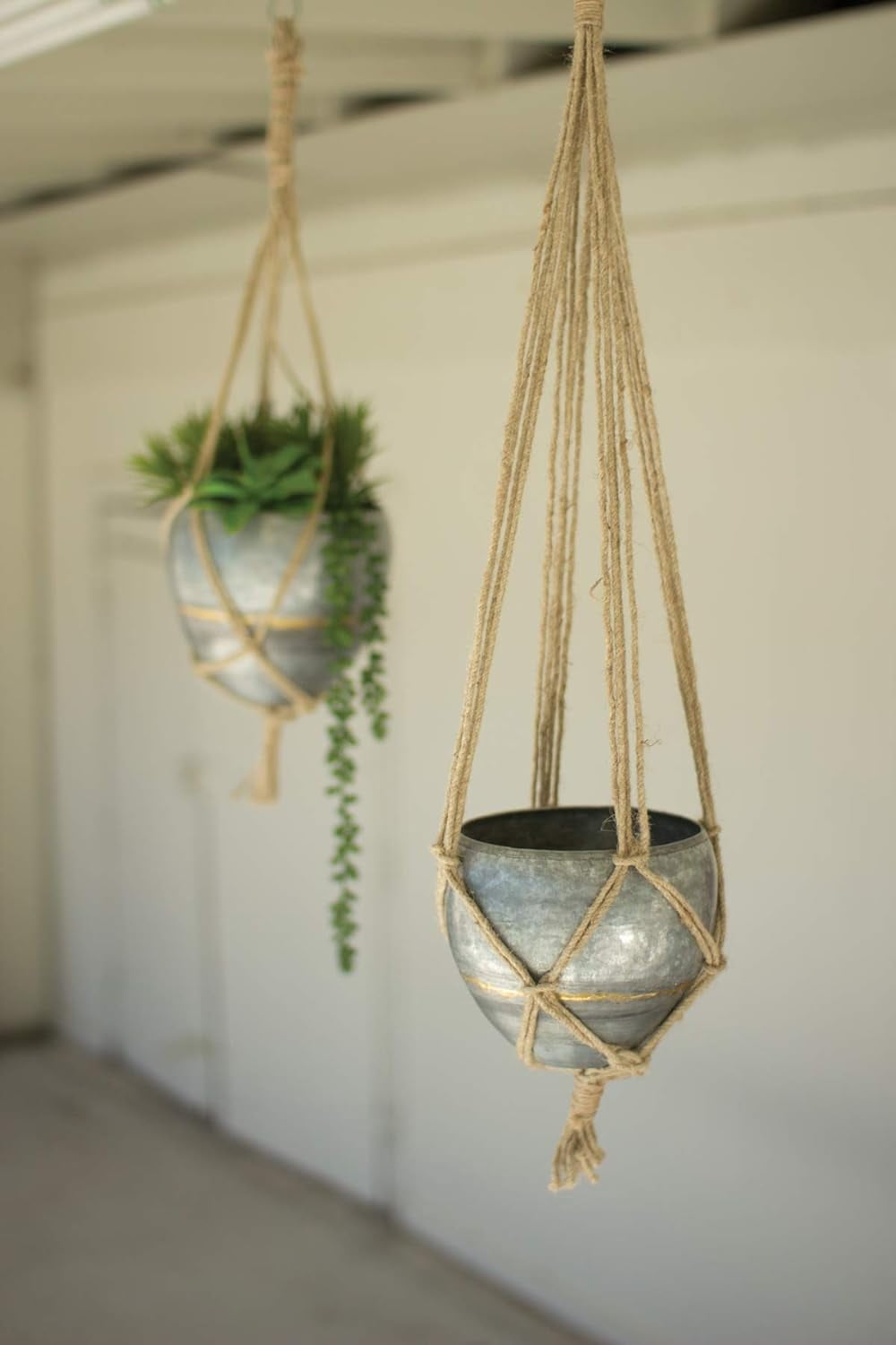 Set Of 2 Rustic Urban Farmhouse Roped Galvanized Metal Wall Hanging Pot Planters