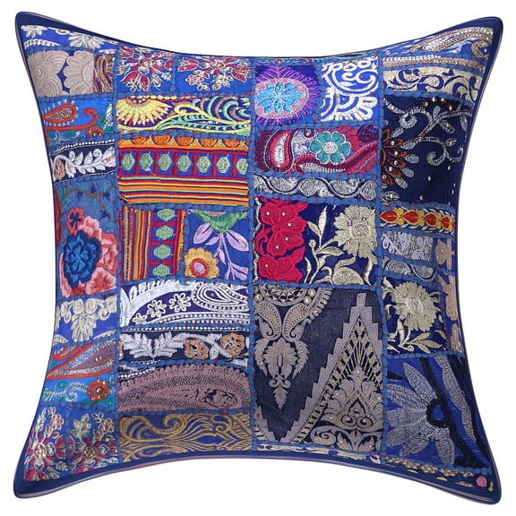 Stylo Culture Indian Cotton Living Room Throw Pillow Sham Cover Dark Blue 20x20 Bohemian Vintage Patchwork Indian Couch Cushion Cover 50 x 50 cm Decorative Abstract Square Pillowcase | 1 Pc