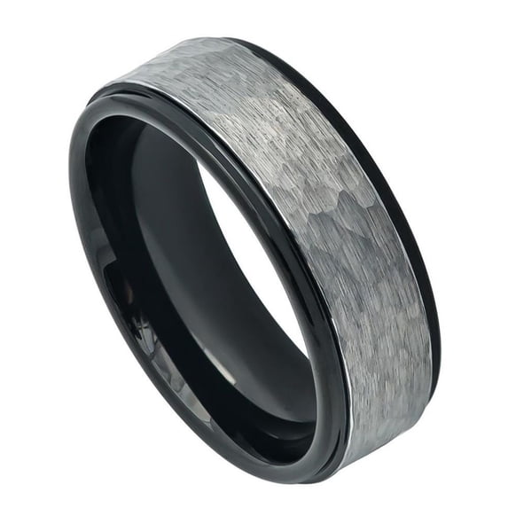 Custom Personalized Engraving Wedding Band Ring Set for Him & Her - 8mm Two-tone Hammered Gun Metal Brushed Finish Black IP Inner Ring Stepped Edge
