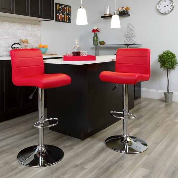 Red Vinyl Adjustable Height Barstool with Rolled Seat