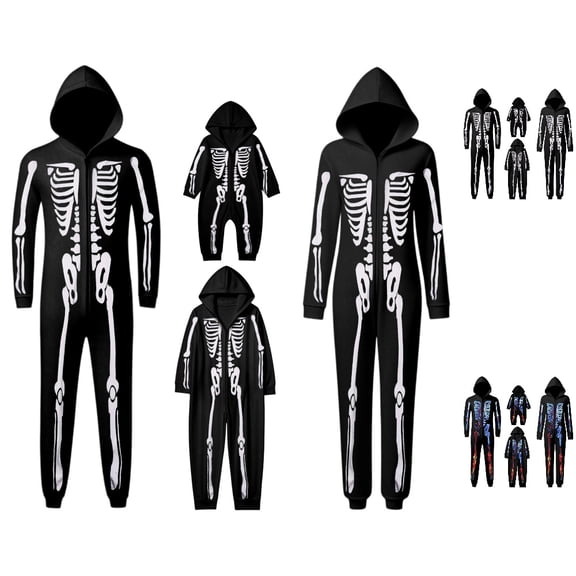 HJYCHN Suits Family Halloween Pajamas Halloween Family Pajamas Skeleton Print Hooded Zip Front Long Sleeve Full Length Homewear