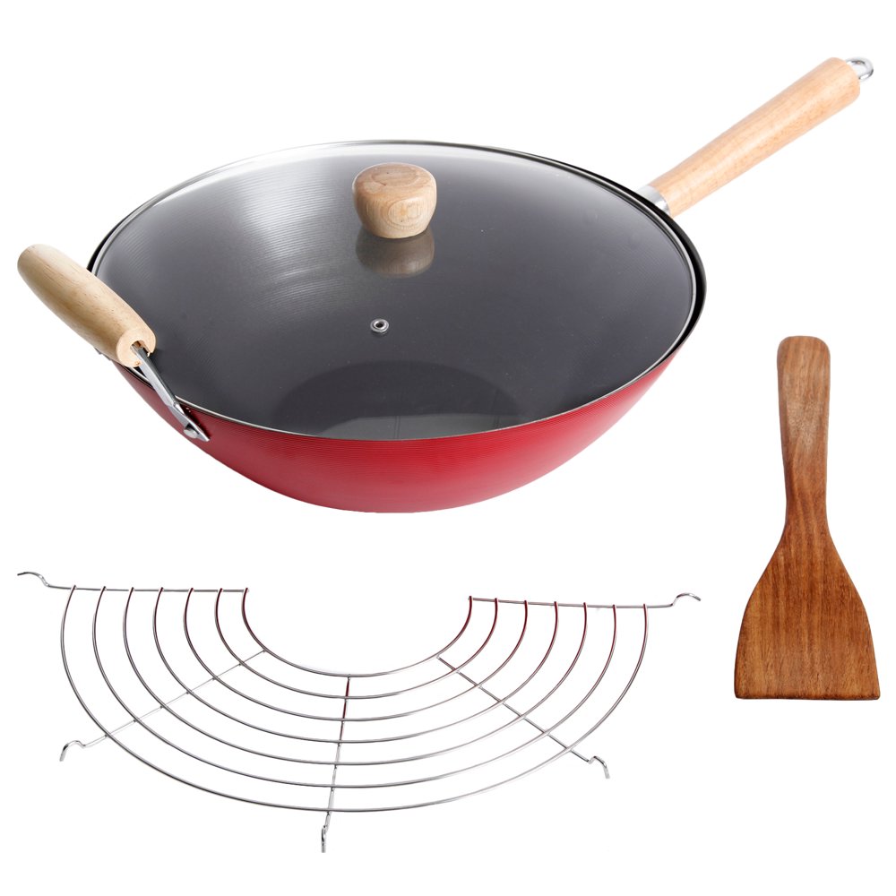Oster Gran Via 14" Wok W/Lid, Rack and Spatula, Red/Black