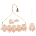 thumbnail image 5 of Efulgenz Indian Bridal Set Traditional Crystal Beads Kundan Peach Color Choker Necklace Faux Pearl Drop Round Stud Earrings with Maang Tikka Bollywood Jewelry Set for Women, 5 of 5