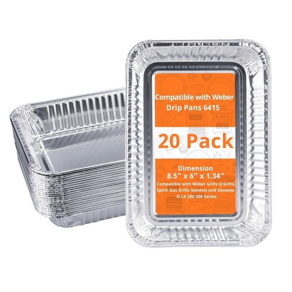 JdyShop 20 Pack Grill Drip Pans, Compatible with Weber 6415 Grill Accessories, Genesis, Traveler, Q Series, Disposable Aluminum, Foil Grease Trays 8.5" X 6" (20 Pack)