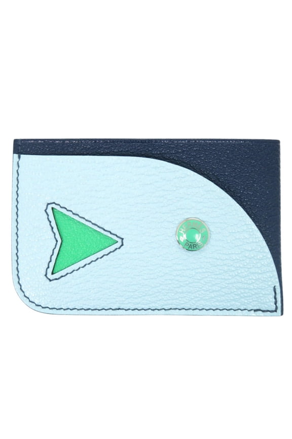 Pre-Owned Hermes Poisson Business Card Holder/Card Case, Chevre Mysore Leather, Navy,...